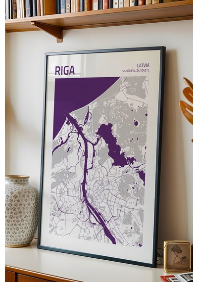 Riga Letonya Latvia Haritası Çerçeveli Tablo Lüks Salon Ofis Duvar Dekorasyonu Hediyelik Tablo