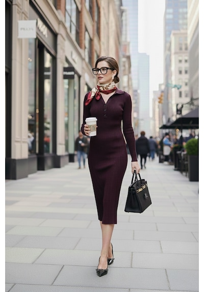 Lela Premium Fitilli V Yaka Slim Fit Midi Boy Triko Bayan Elbise 680El00282 Mürdüm