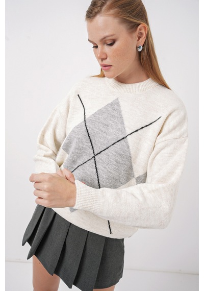 Bigdart 15895 Baklava Desenli Oversize Triko Kazak - Açık Gri