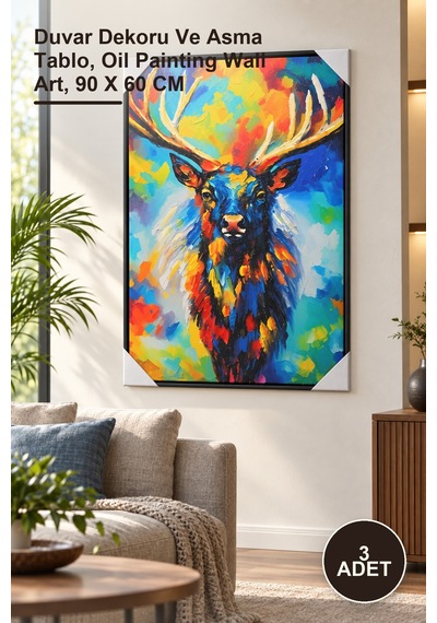3 Adet Yağlı Boya Duvara Asmalı Pano Duvar Dekoru Ve Asma Tablo, Oil Painting Wall Art, 90 X 60 Cm