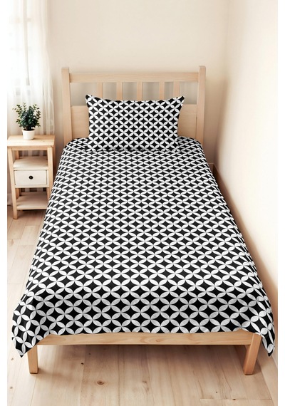 Siyah Geometrik Modern Tek Kişilik Pike Takımı - Beyaz Minimal 160x220 Cm Kapitone Yatak Örtüsü Bohem Ot Dokusu