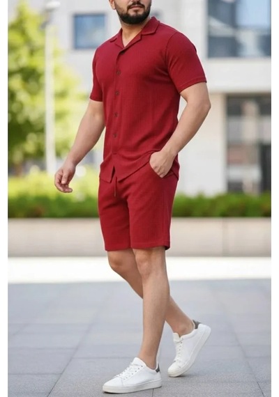 Valensdesign Erkek Waffle Kumaş Kısa Kollu Gömlek Şort Takım Regular Fit Yazlık İkili Set - Bordo