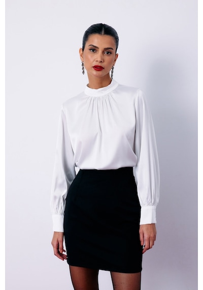 Sateen Yaka Detaylı Saten Bluz - Ekru