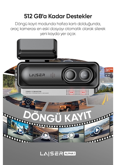 Laiser Alpha 1 4k Araç İçi Kamera 2 Kanallı Sony Imx678 Gps + Wi-fi + Park Modu Ön-arka