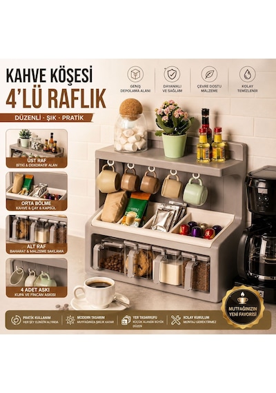 4 Lü Kahve Köşesi Düzenleyici Raf Kupa Askılı Çok Bölmeli Mutfak Tezgah Üstü Organizer, Kahve Kapsülü, Çay, Baharat Ve Kahverengi