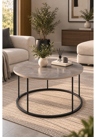 Sulorahome Gordion Desenli Gri Orta Sehpa Siyah Metal Ayaklı Yuvarlak Salon Sehpa