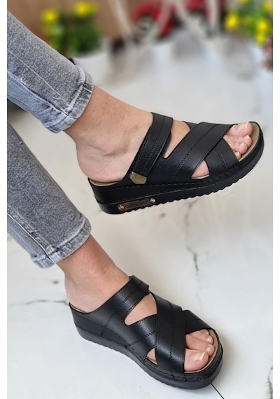 Neon Shoes Kadın Günlük Terlik Terletmeyen Anatomik Ortopedik Taban Suni Deri Anne Dışarı Ev Terliği 3005-07 001