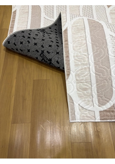 Kaymaz Taban Krem Bej Modern Geometrik Yıkanabilir Koridor Salon Mutfak Yolluk Halı Krem