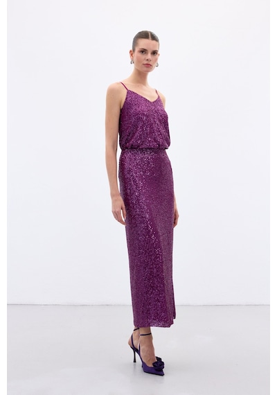 Sateen Karolin Midi Etek - Mürdüm-136654 Mürdüm