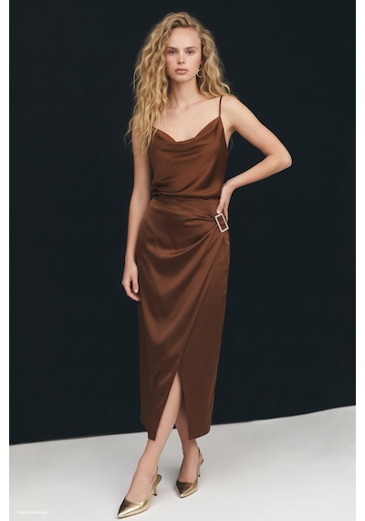 Sateen Toka Detaylı Saten Etek - Açık Kahve-138023 Açık Kahverengi