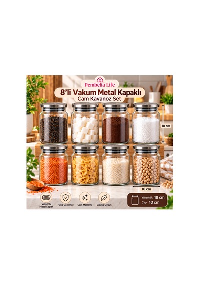 8 Li Metal Vakum Kapaklı Cam 800 Cc Çay Şeker Kahve Tuz Bakliyat Erzak Saklama Kavanoz Seti Baharatlık Takımı Gri Gri