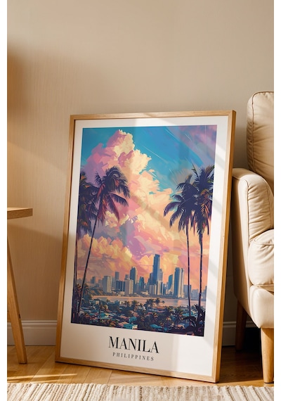 Manila Philippines Vintage Seyahat Posteri Çerçeveli Tablo - Premium Egzotik Şehir Duvar Dekoru Kayın