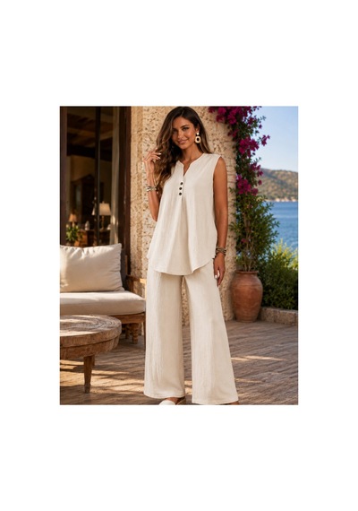 Unika Boutique Kadın Kısa Kollu Bürümcük Bluz Ve Pantolon Ikili Takım ekru Unika Boutique Kadın Kısa Kollu Bürümcük Bluz Ve Pantolon Ikili Takım ekru