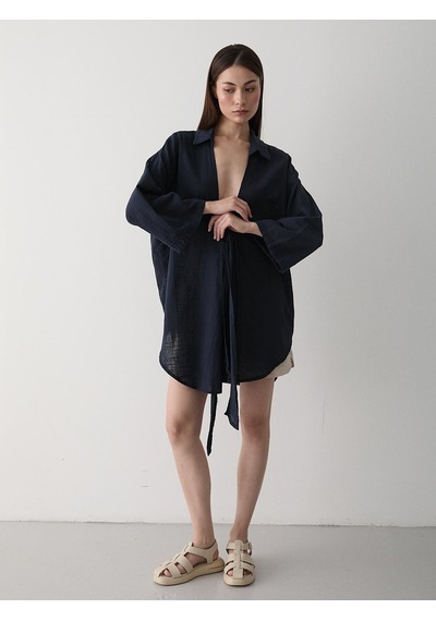Laluvia Lacivert Flam Keten Kimono Gömlek Lacivert