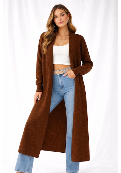 Nirva Butik Kadın Uzun Salaş Yumuşak Dokulu Angora Kumaş Hırka Kahverengi