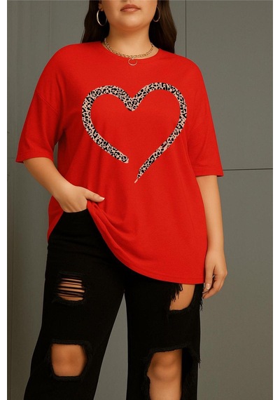 Love Kadın Büyük Beden Battal Baskılı Bisiklet Yaka Pamuklu T-shirt Rahat Kesim Unisex Sevgili Kombini Kırmızı