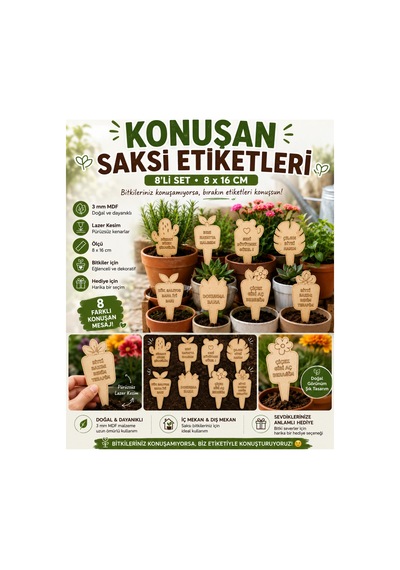 Arliadesign Konuşan Saksı Etiketi 8'li Mdf Ahşap Bitki Etiketi Dekoratif Saksı Süsü 8x16 Cm