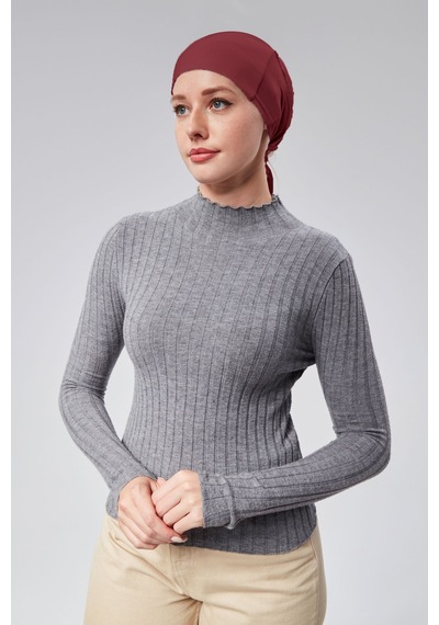Sonbaharmoda Kadın Tesettür Likralı Penye Dikişsiz Kaymaz Düz Bağlamalı Bone Bordo