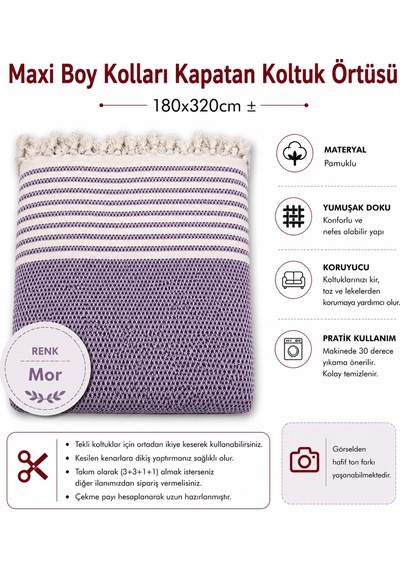 Pamuklu Kaymaz Hasır Dokuma Maxi Boy Kolları Örten Koltuk Örtüsü 180x310 - Mor