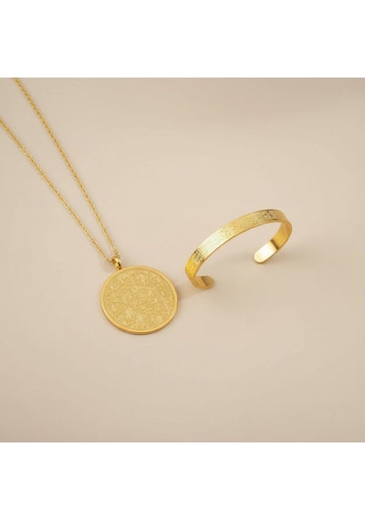 Hat Sanatı Ayetel Kürsi Kolye Ve Ayetel Kürsi Bileklik Seti Gold Çelik Altın