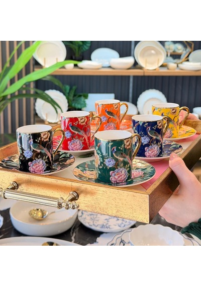 6 Kişilik Porselen Renkli Bird Deco Kahve Fincanı -5811 Çok Renkli