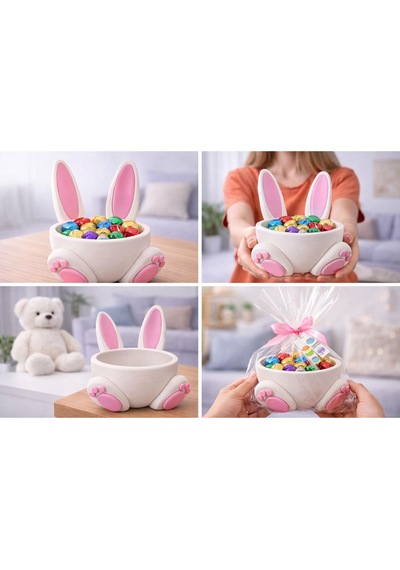 Tavşan Kulaklı Dekoratif Şekerlik Pembe Beyaz Bunny Tasarım Çikolata Kasesi Masaüstü Dekoratif