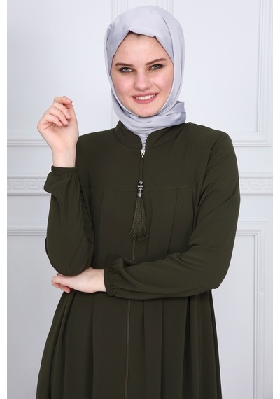 İbrahim Burak Etiler Collection Medine İpeği Tesettür Pile Detaylı Ferace Ms-0165 Haki