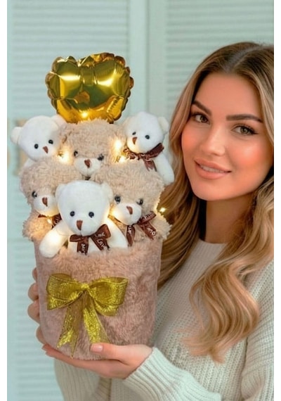 Deluxe Krem Peluş Silindir Kutuda, Led Işıklı Kalpli Balonlu 6 Lı Boz Ayıcık Buketi - Sevdiğine Hediye