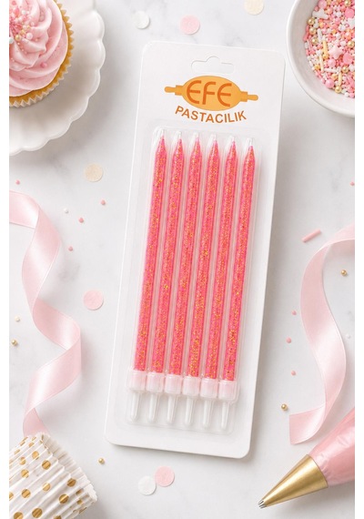 Pembe Gold Simli Uzun Pasta Mumu 17 Cm Karışık