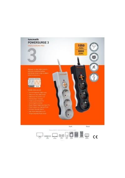 Tsk19010 Powersurge 3-surge Protectıon Plug-1050 Joule- Wıth Cable Siyah 1