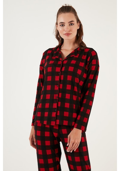 Lela Desenli Beli Lastikli Gömlek Yaka Dokuma Bayan Pijama Takımı 6095660W4 Siyah