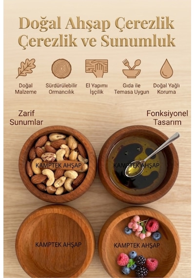 Kamptek Ahşap Çerezlik Set - Doğal Ahşap Meşe Sunum Kasesi Çerezlik Sunumluk Kase Çok Amaçlı Kahverengi