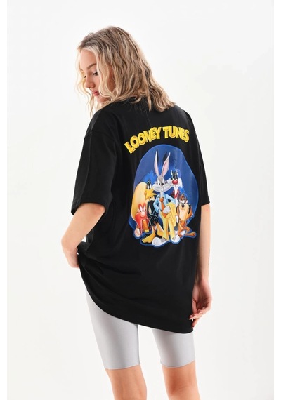 Kadın Baskılı Oversize Kısa Kol T-shirt - Siyah Siyah