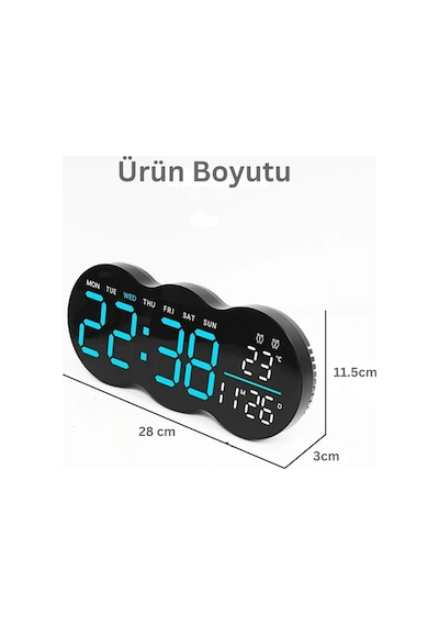 Etashop Uzaktan Kumandalı Bulut Led Duvar Saati Ortam Işıklı Büyük Dijital Ekran Çift Alarm Sıcaklık Siyah