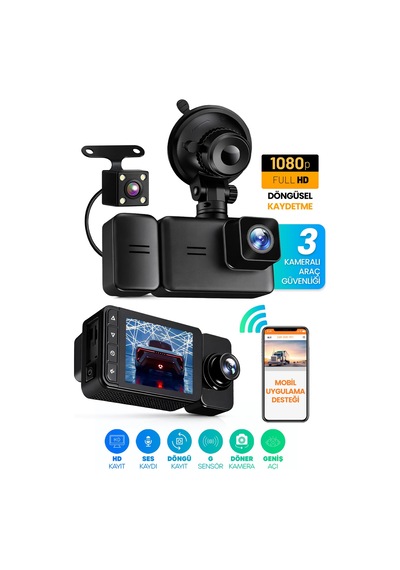 3 Kameralı Wifi Ekran Araç Kamerası Fullhd Geniş Ön + Arka + Araç İçi Kamera Hareket Sensörü Ef1313
