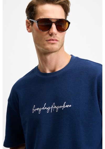 Grımelange OURFLOW Erkek Nakış Detaylı %100 Organik Pamuk Bisiklet Yaka Kısa Kollu Oversize Lacivert T-Shirt