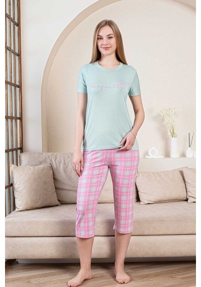 Monox Kadın Perfectly Baskılı Bermuda Kısa Kol Pijama Takımı Yeşil