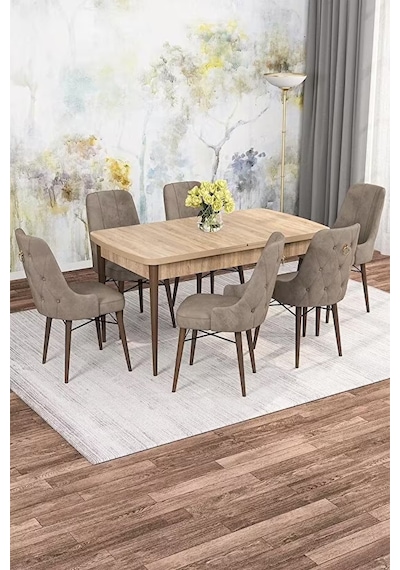 Zümra Serisi, Meşe Desen 80x132 Açılabilir Mdf Mutfak Masası Takımı 6 Adet Sandalye Cappucino Zümra Serisi, Meşe Desen 80x132 Açılabilir Mdf Mutfak Masası Takımı 6 Adet Sandalye Cappucino