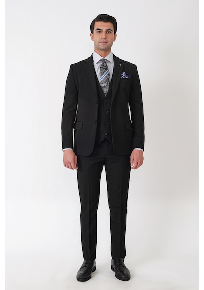 Efor Slim Fit Çift Yırtmaç Esnek Yünlü Siyah Yelekli Takım Elbise Tk 958