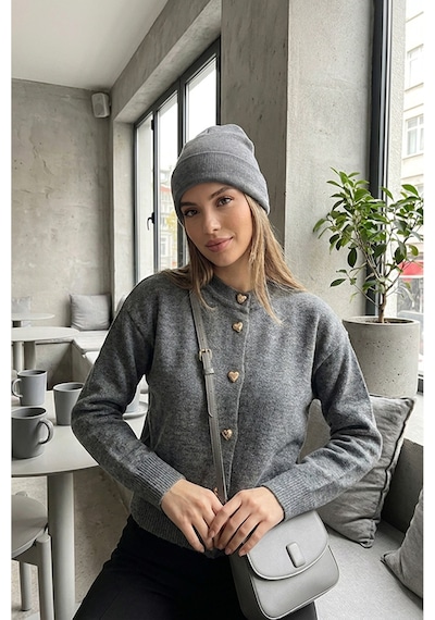 Sayzen Your Shine Trend Basic Kalp Düğmeli Kadın Hırka Gri