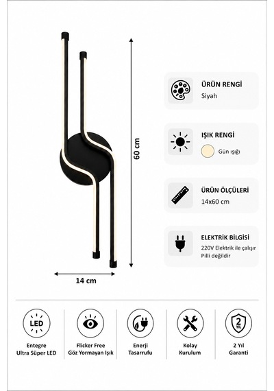 Armoni Modern Led Duvar Apliği Günışığı Siyah