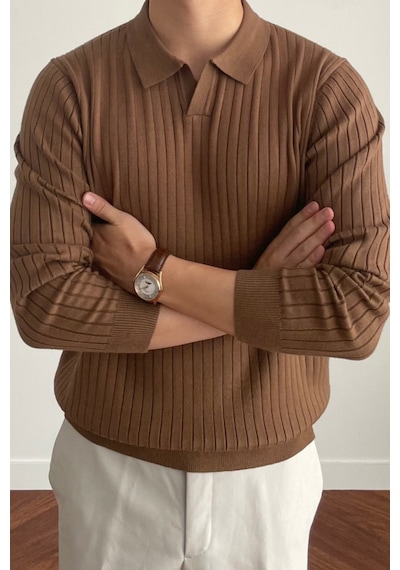 Erkek Kahverengi Slim Fit Uzun Kollu Polo Yaka Triko Kazak Kahverengi