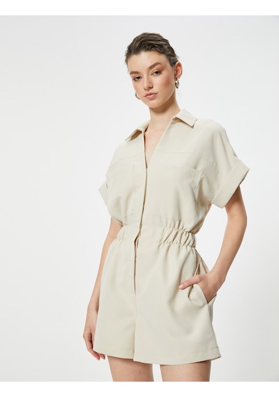 Koton Oversize Şort Tulum Gipeli Cep Detaylı Kısa Kollu Taş 4sak80007uw Taş