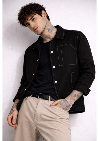 Freemen Erkek Dikiş Detaylı Oversize Gabardin Mevsimlik Ceket & Mont-388 Siyah