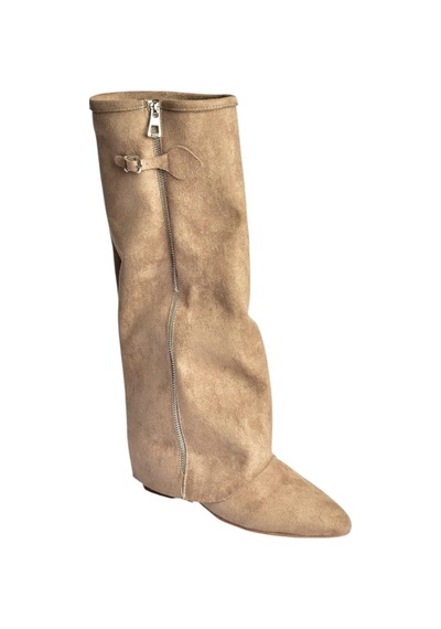 Fox Shoes V380526402 Vizon Süet Düz Taban Fermuar Detaylı Kadın Çizme Vizon