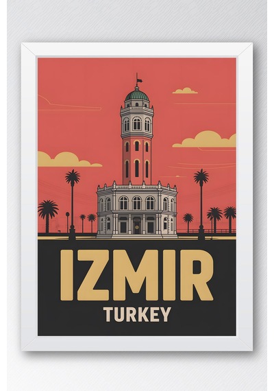 İzmir Saat Kulesi Tablo - Retro Travel Poster - Şehir Serisi Duvar Dekoru - Çerçeveli Poster Beyaz