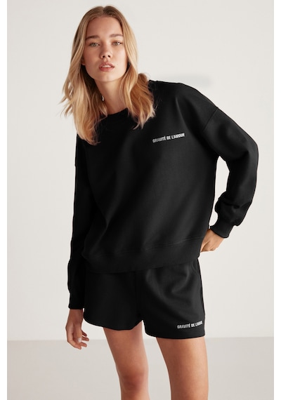 Grımelange Jennıfer  Kadın Yumuşacık Nakış Detaylı Organik Pamuk Oversize Siyah Sweatshirt