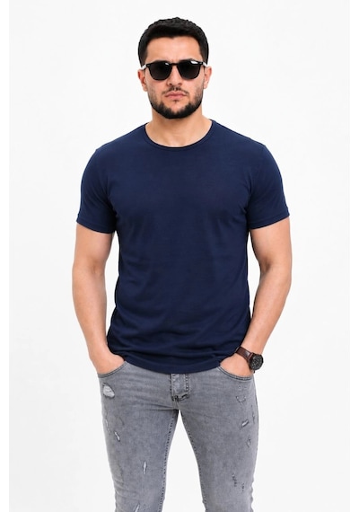 Novalisse Erkek Basic Tişört Bisiklet Yaka Kısa Kol Günlük Yazlık Slim Fit T-shirt - Lacivert Çoklu Renk
