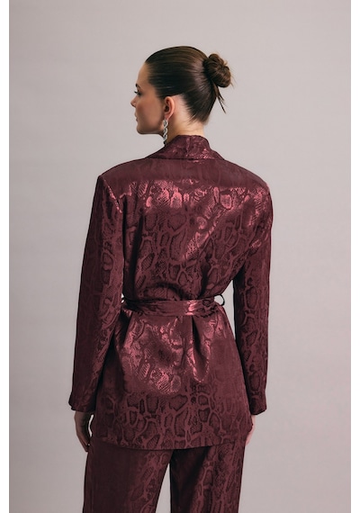 Sateen Yılan Desenli Uzun Ceket - Bordo-136439 Bordo