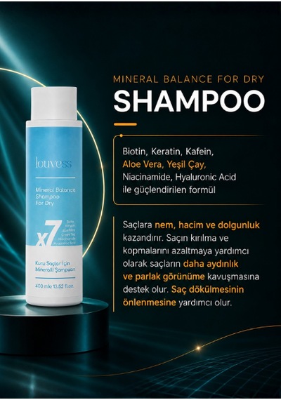 Kuru Saçlar İçin 7x Mineralli Şampuan Biotin, Keratin, Kafein, Aloe Vera, Yeşil Çay, Niacinamide, Hyaluronic Acid - 400 Ml